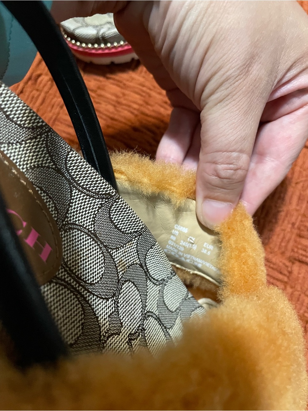 Coach Tally Orange Shearling Cross-Band Slingbacks with Signature Canvas - Picture 9 of 13